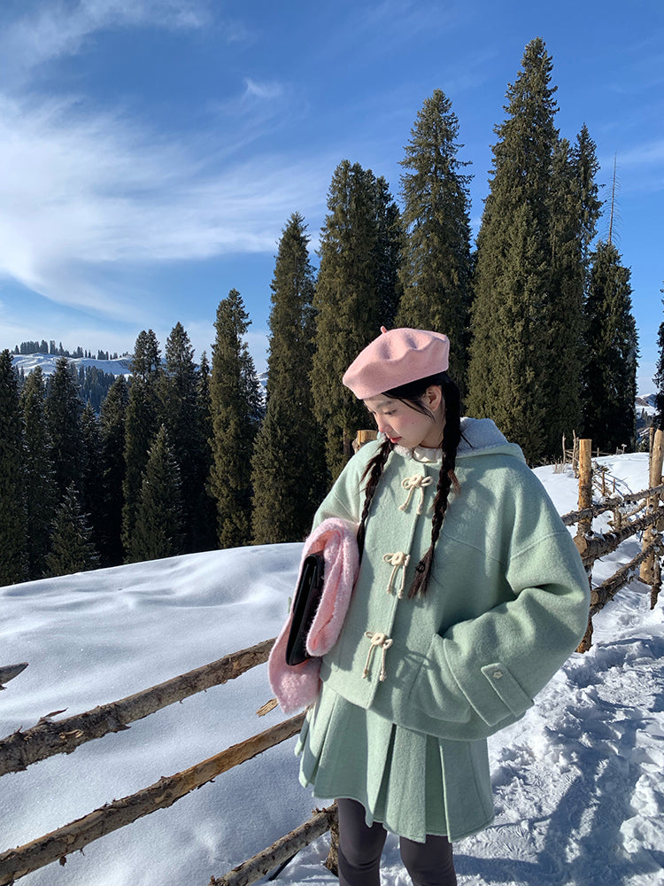 Mint Cloud Woolen Jacket & Pleated Skirt-ntbhshop