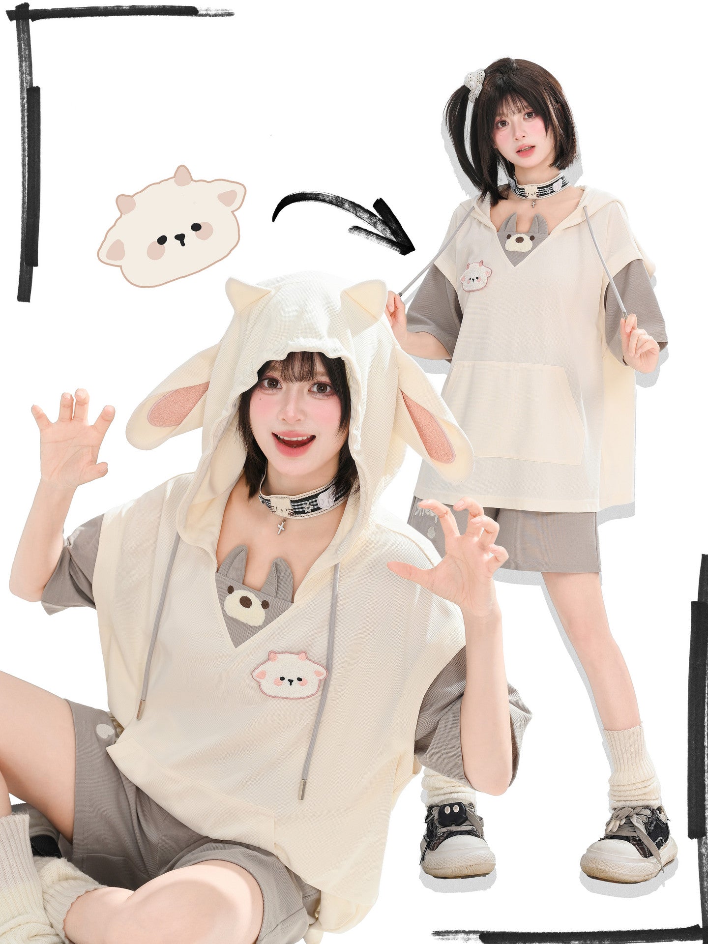 Little Sheep Wolf Hoodie & Shorts-Sets-ntbhshop