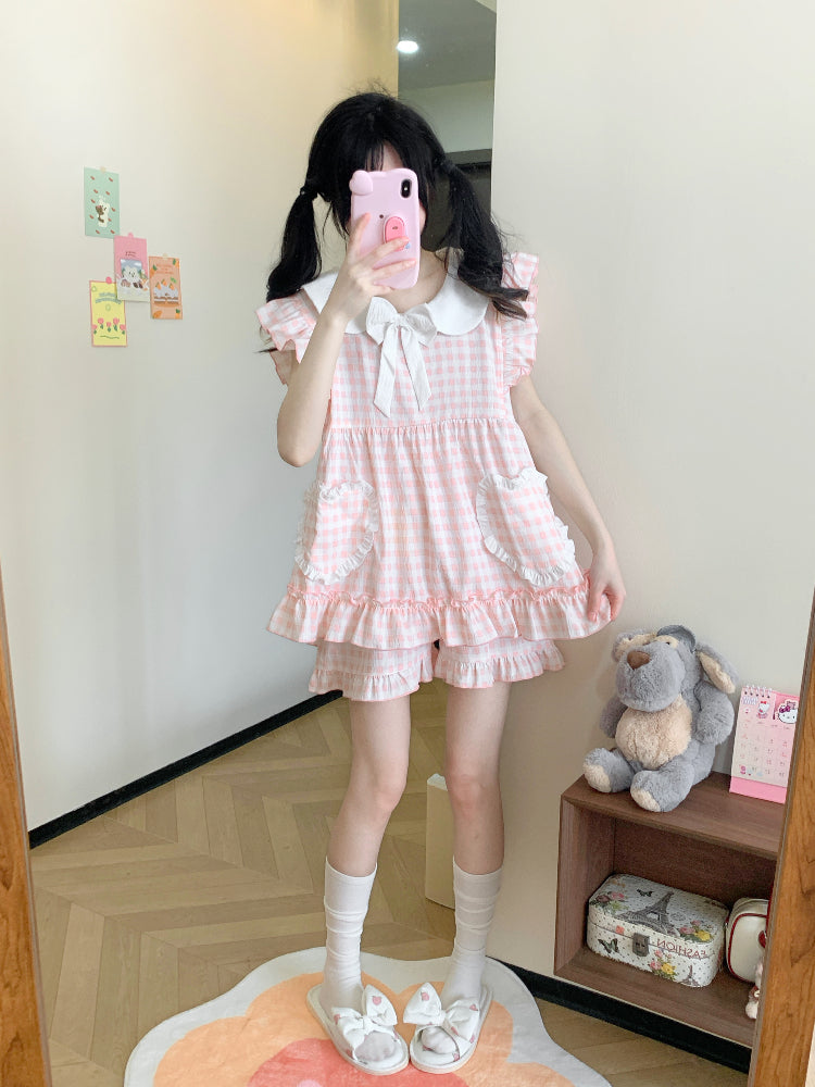 Peachy Gingham Night Fairy Sleeve Pajamas Set-ntbhshop