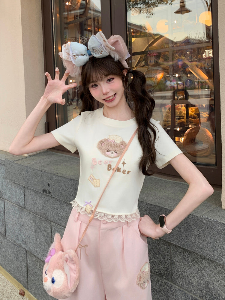 Bakery Bear Lace Crop Tee-Tops-ntbhshop