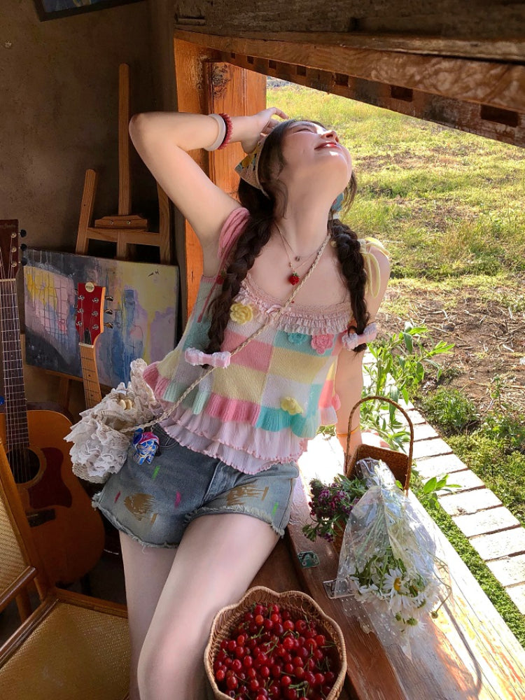 Candy Patch Checkered Flower Knit Vests-ntbhshop
