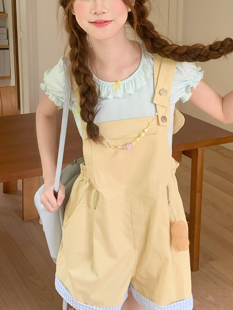 Honey Bear Cub Puff Sleeve Blouse & Overall Shorts-ntbhshop