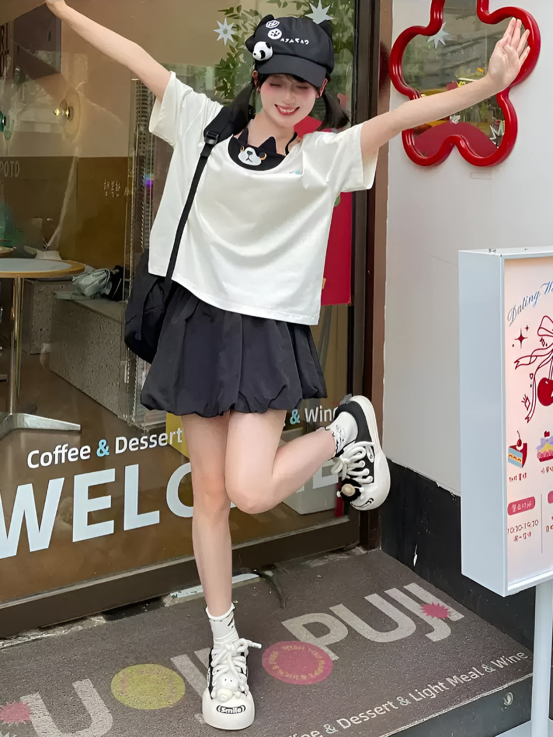 Milk Cat Layered Tee & Bubble Skirt-Sets-ntbhshop