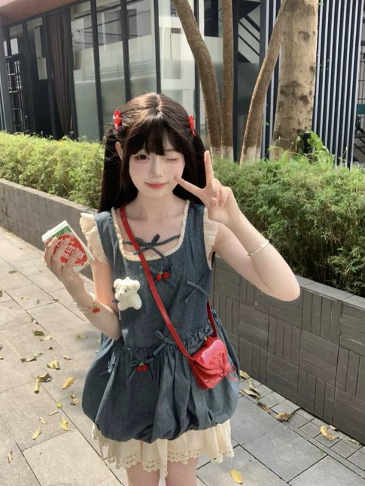 Cherry Pop Princess Denim Blouse & Snowlace Skirt Set-ntbhshop