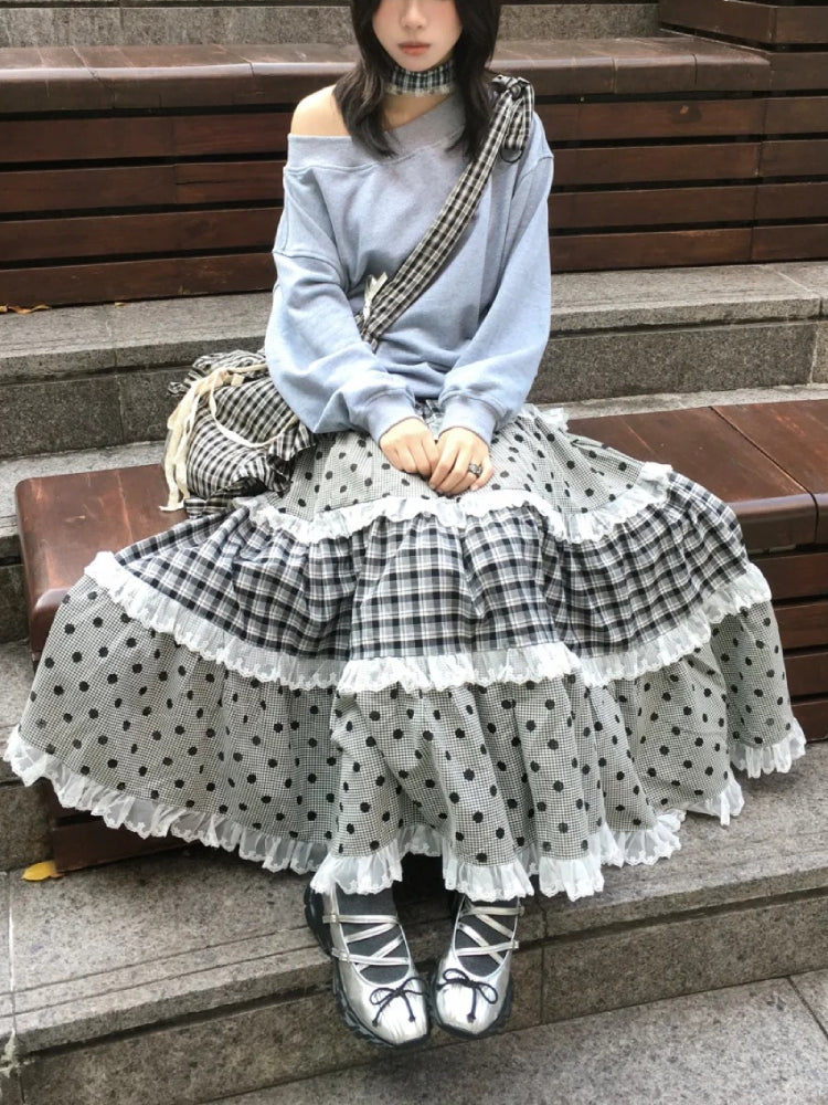 Black Sesame Plaid Lace Maxi Skirt-ntbhshop