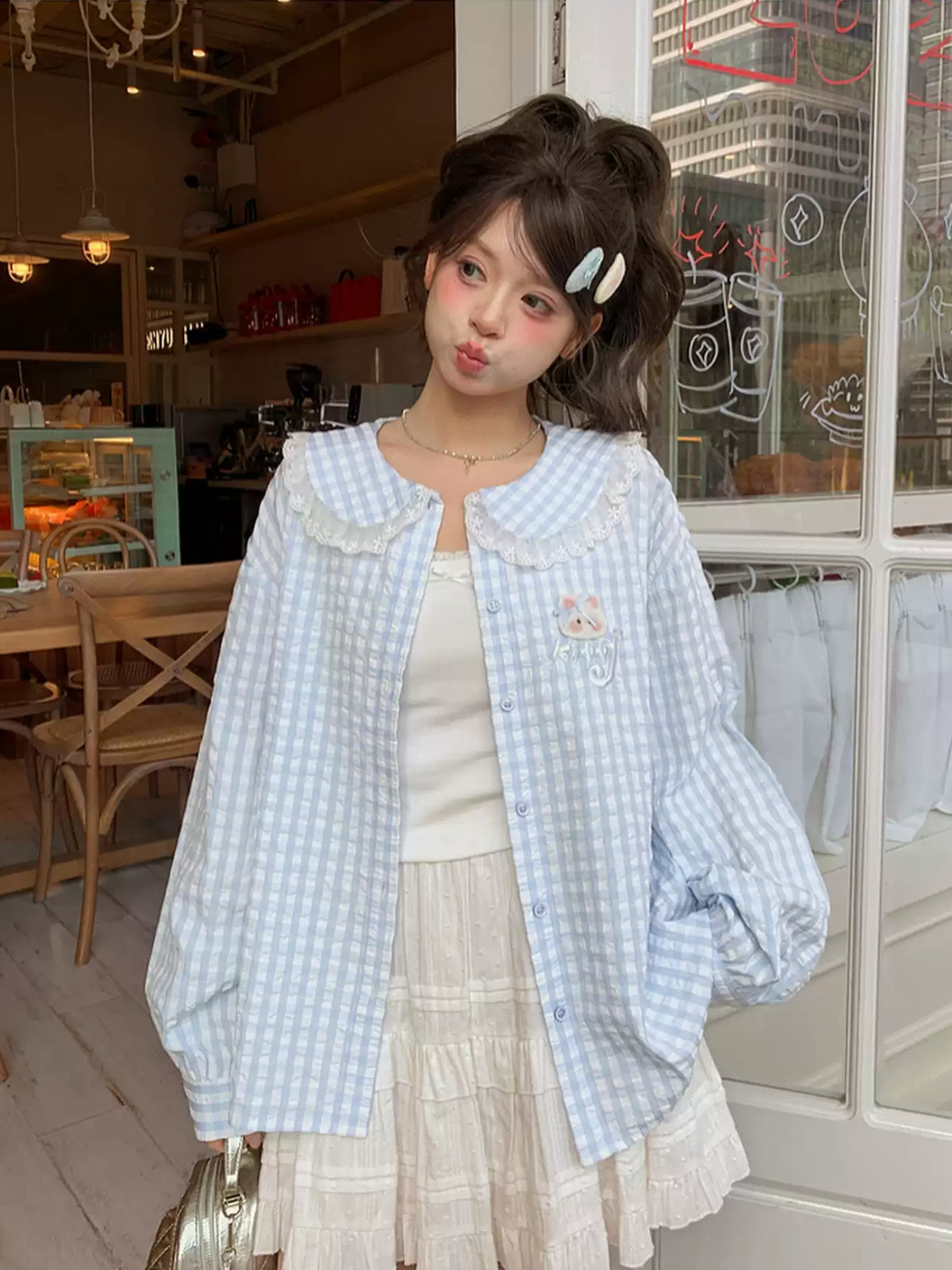 Cloud Kitten Check Doll Shirt-Tops-ntbhshop