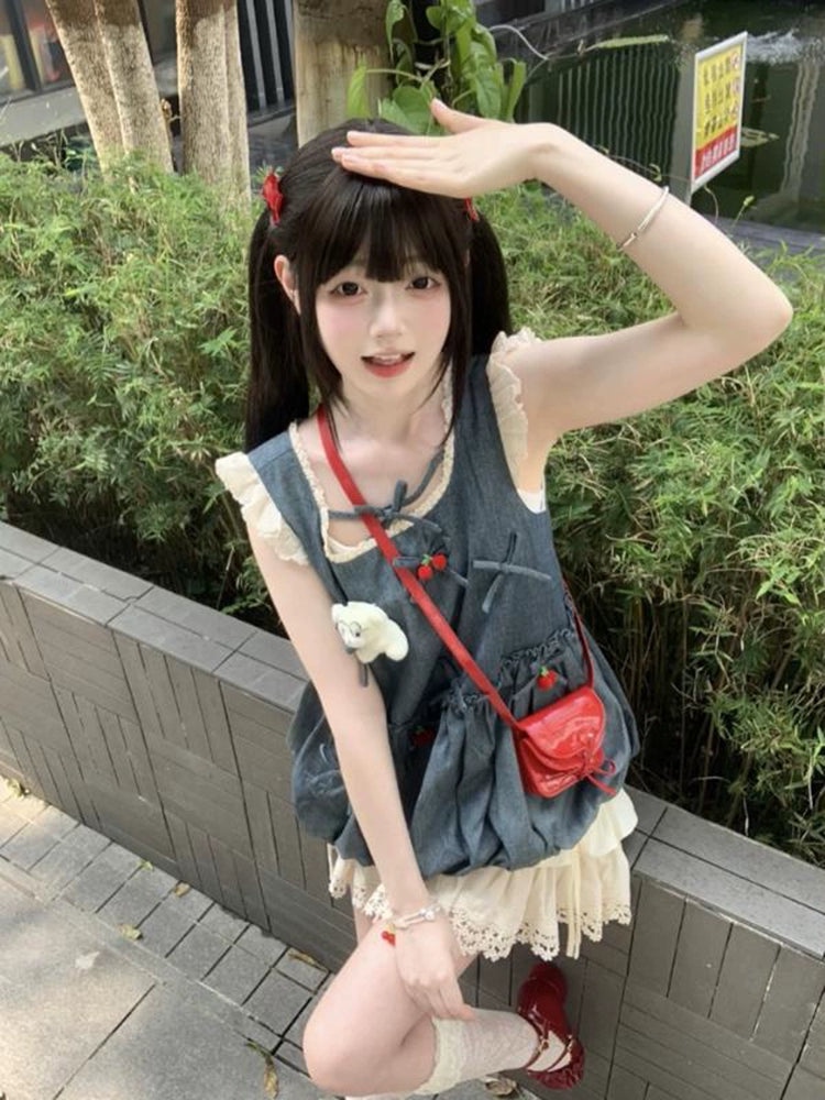 Cherry Pop Princess Denim Blouse & Snowlace Skirt Set-ntbhshop