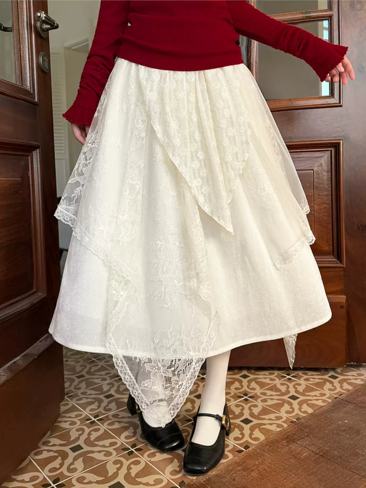 Snow Veil Lace Midi Skirt-Bottoms-ntbhshop