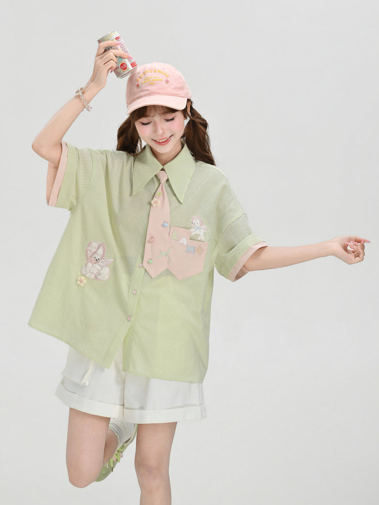 Matcha Lambie Stripe Tie Shirt-Tops-ntbhshop