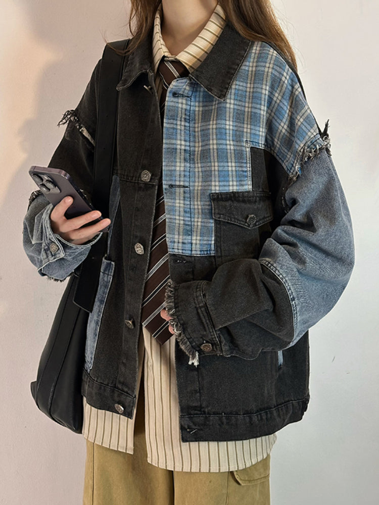Plaid Clash Denim Patch Jacket-ntbhshop
