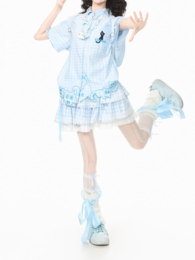Whimsy Kitty Gingham Shirts-Tops-ntbhshop