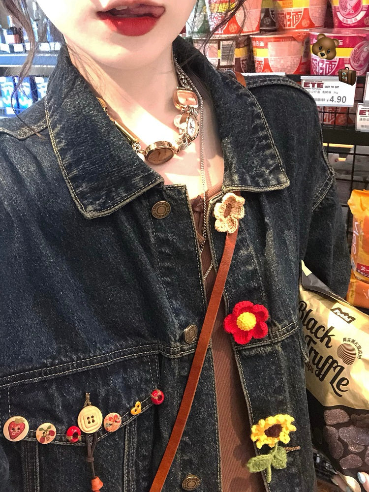 Crochet Bloom Button Denim Jackets-ntbhshop