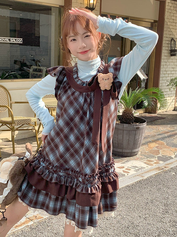 Berry Bear Base Top & Plaid Doll Dress-Sets-ntbhshop