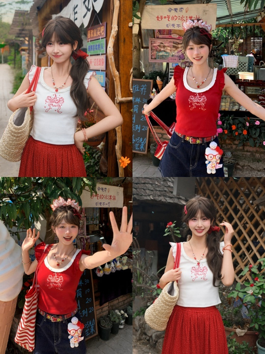 Cherry Ribbon Lace Tank Tops-Tops-ntbhshop