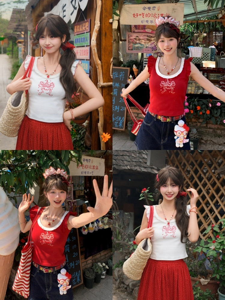 Cherry Ribbon Lace Tank Tops-Tops-ntbhshop