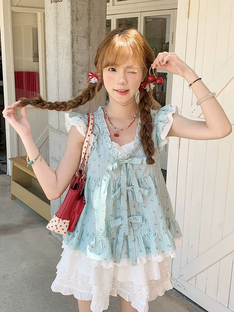 Minty Berry Fairy Sleeve Blouse & Layer Cake Skirt-ntbhshop