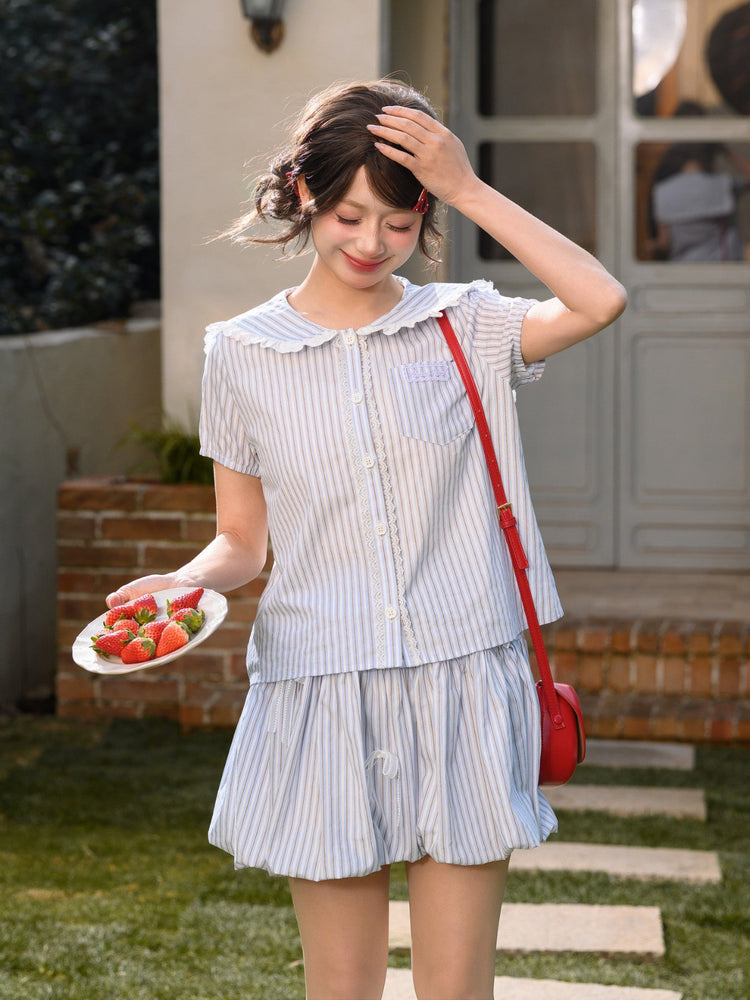 Breeze Stripe Blouse & Bubble Skirt-Sets-ntbhshop