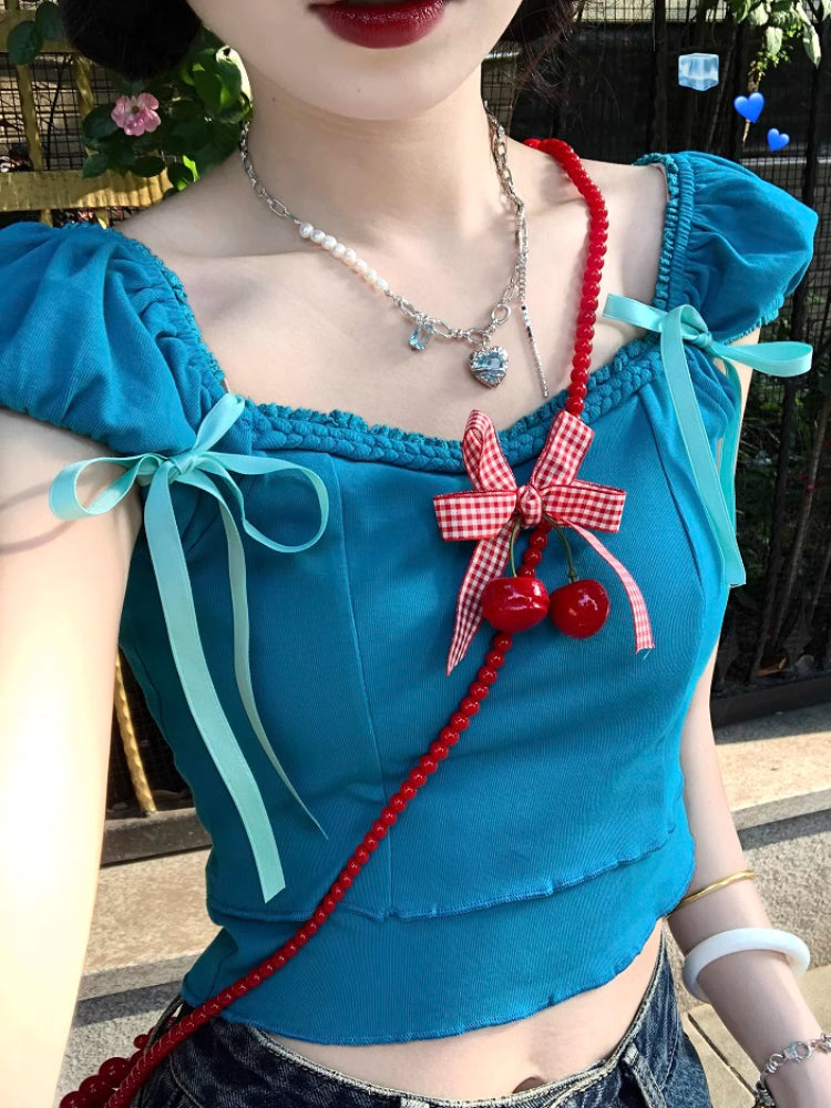 Sweet Dopamine Puff Sleeve Cherry Bow Crop Tops-ntbhshop