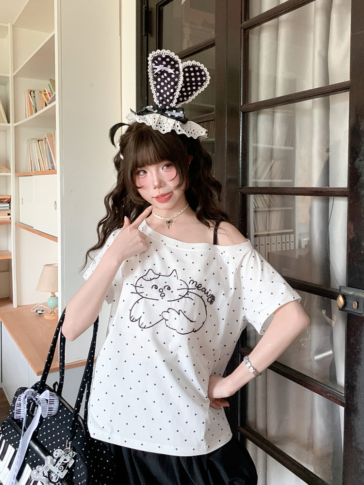 Polka Dot Meow Slant Top-Tops-ntbhshop