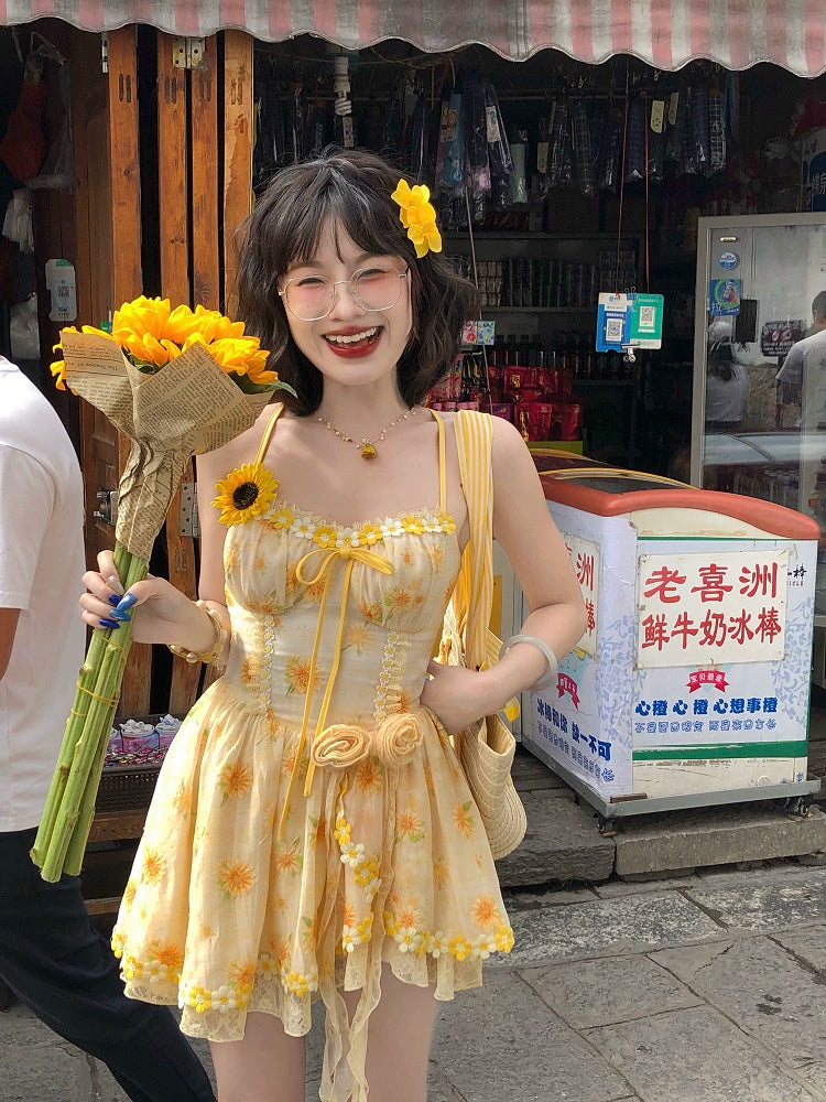 Sunflower Lace-Up Back Summer Dress-ntbhshop