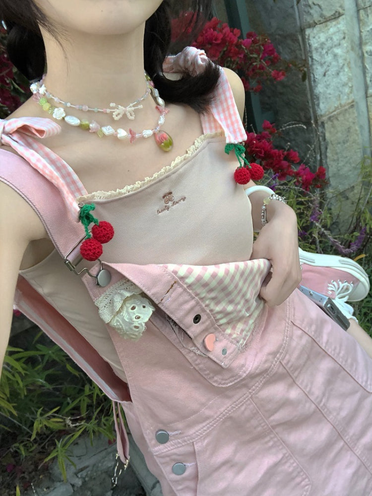 pink denim dungaree dress Girls' Summer Denim Pinafore Dress, Embroidered Floral Decor, Adjustable Straps, Suitable For Music Festivals, Weddings, Outdoor Activities