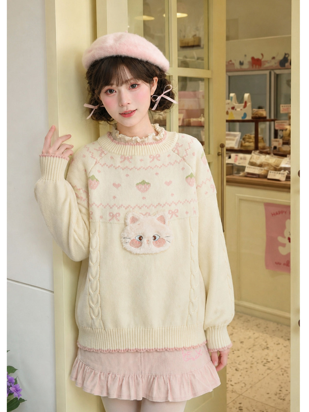 Strawberry Kitty Knit Sweater-ntbhshop