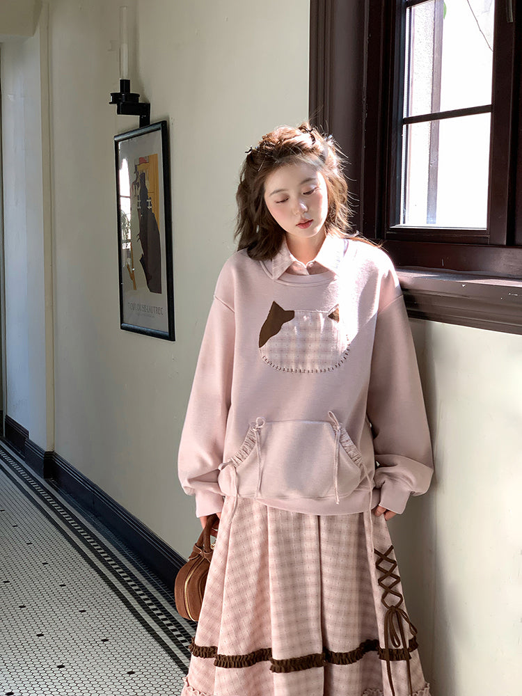 Milk Tea Cat Sweatshirt & Plaid Skirt-ntbhshop