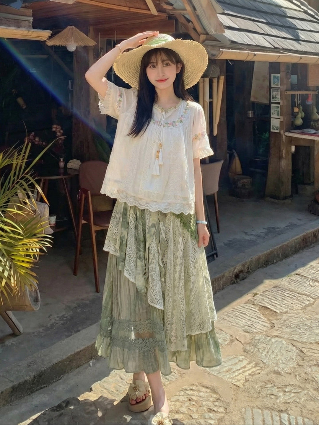 Pastoral Breeze Lace Blouse & Skirt-Sets-ntbhshop