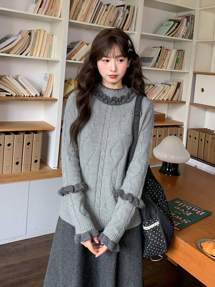 Ink Ruffle Cable Knit Sweater-ntbhshop