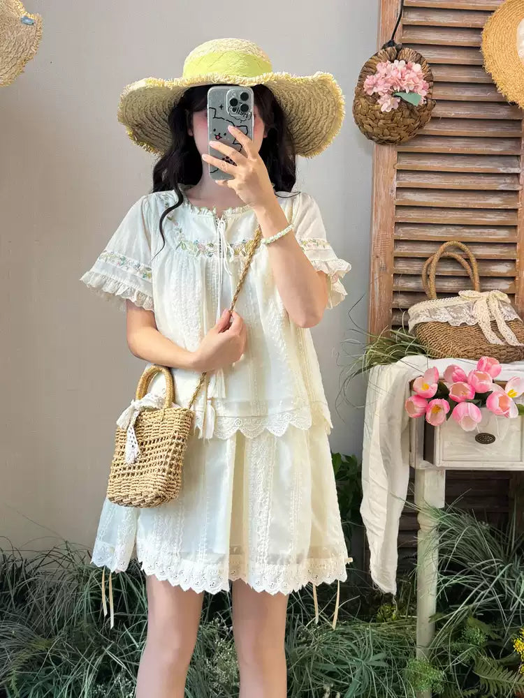 Pastoral Breeze Lace Blouse & Skirt-Sets-ntbhshop