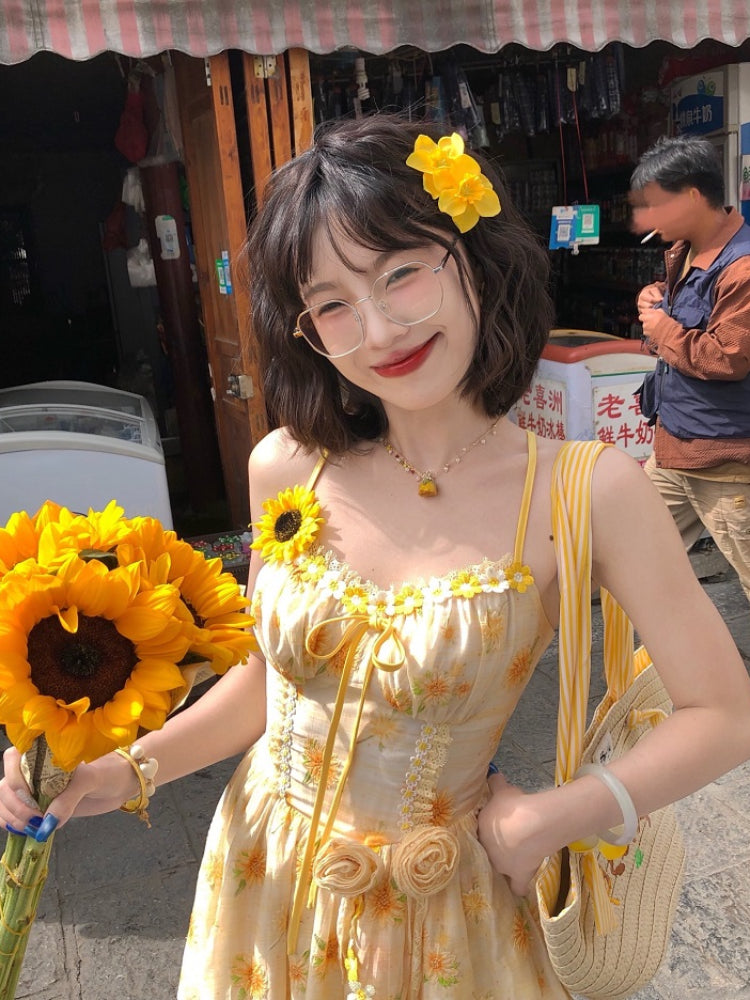 Sunflower Lace-Up Back Summer Dress-ntbhshop