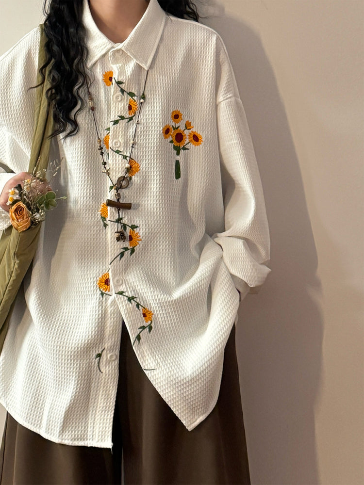 Vintage Sunflower Waffle Shirts-Tops-ntbhshop