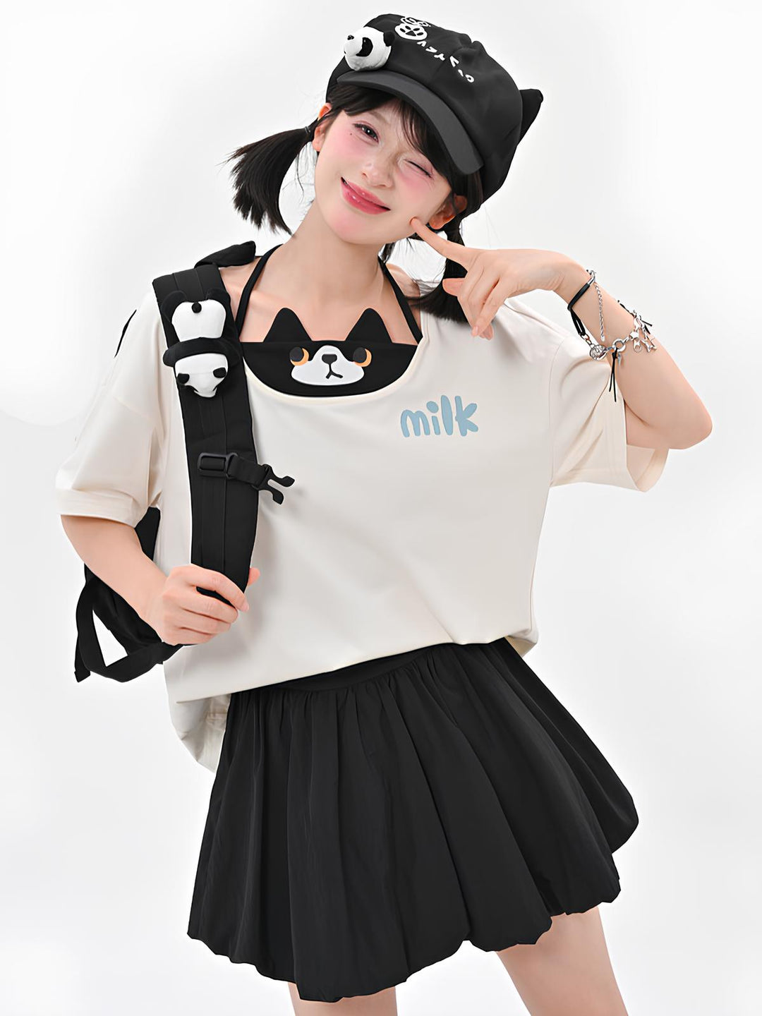 Milk Cat Layered Tee & Bubble Skirt-Sets-ntbhshop