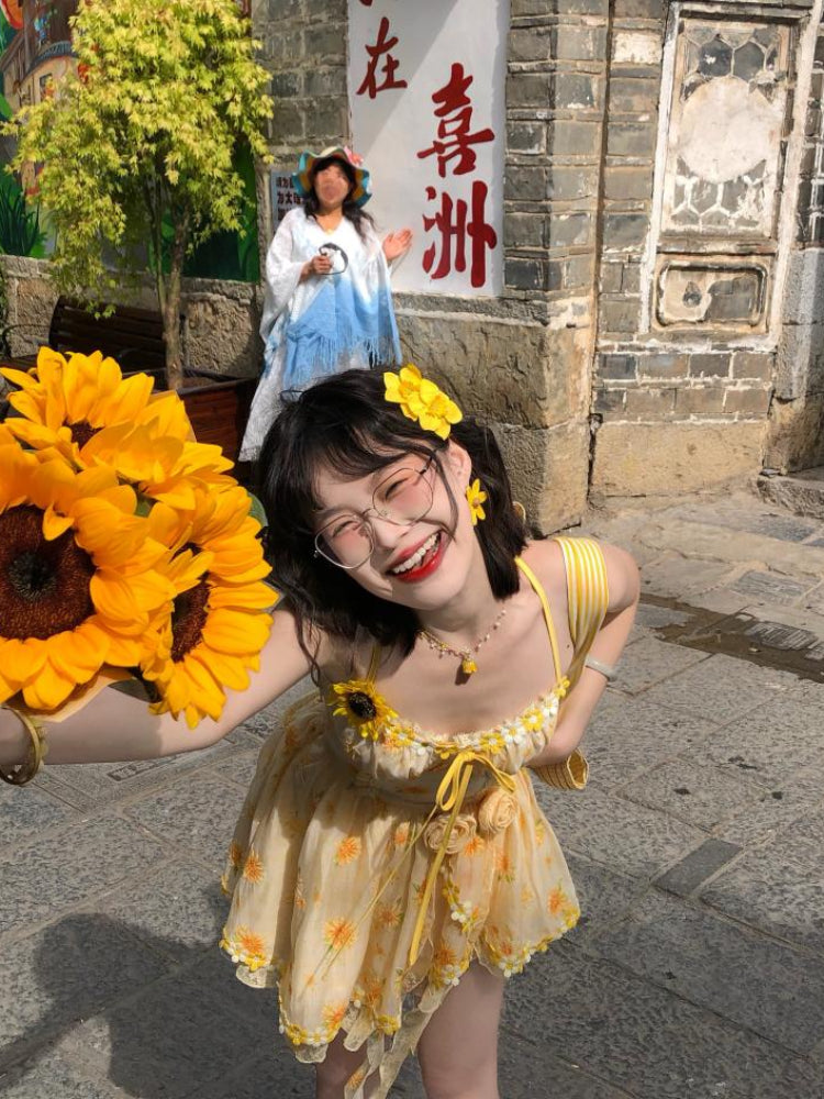 Sunflower Lace-Up Back Summer Dress-ntbhshop