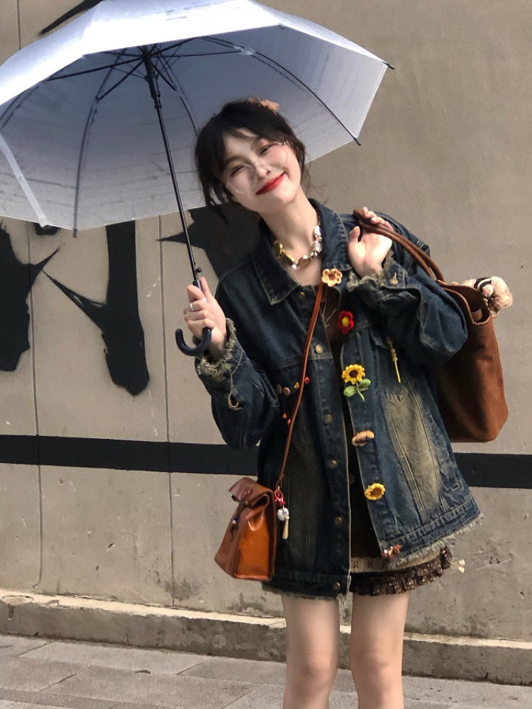 Crochet Bloom Button Denim Jackets-ntbhshop