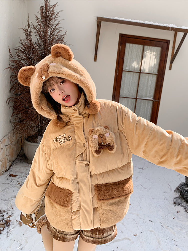 Capybara Snowday Hug Puffer Jacket-Outerwear-ntbhshop