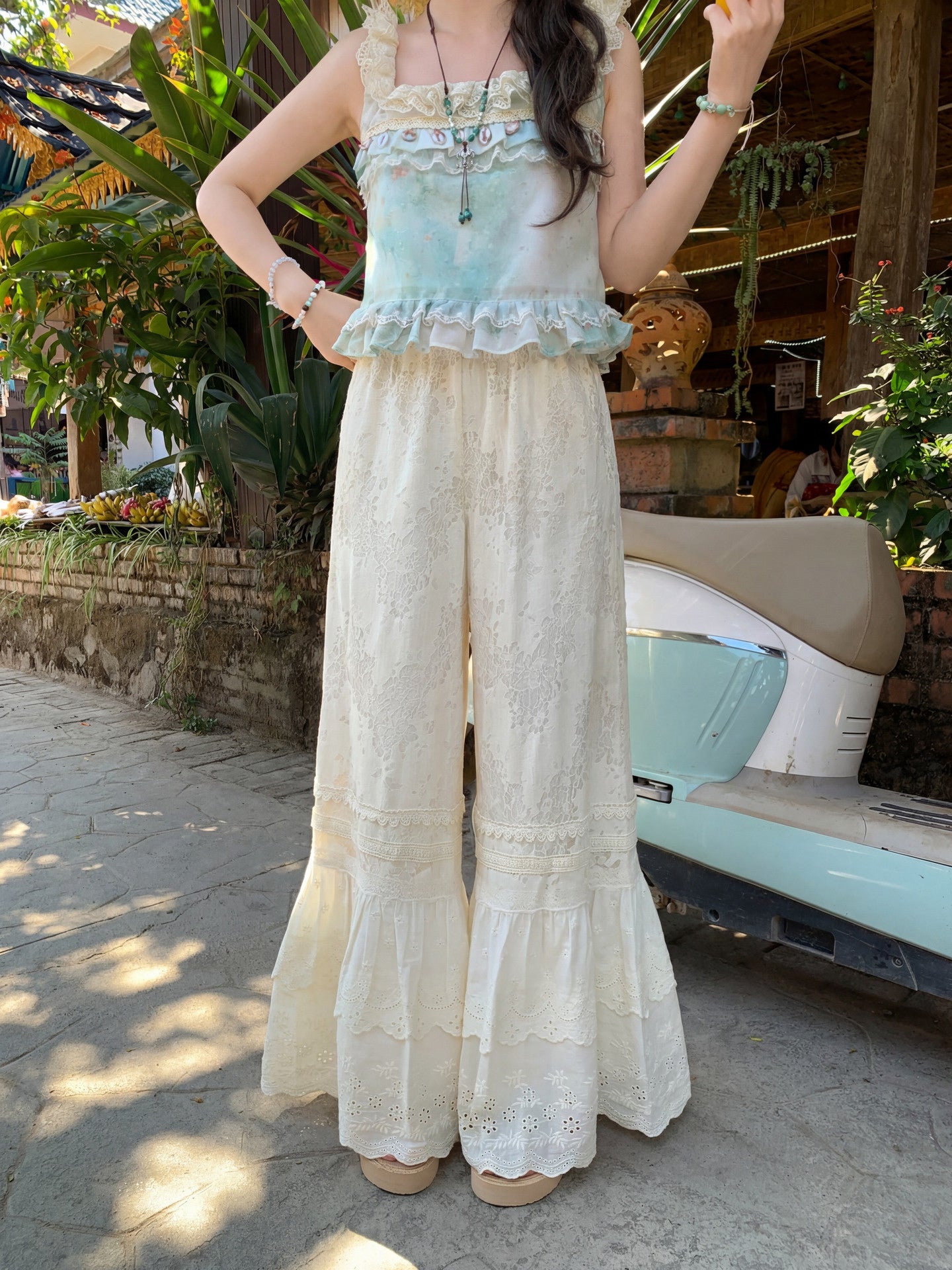 Cream Petal Lace Pants-Bottoms-ntbhshop