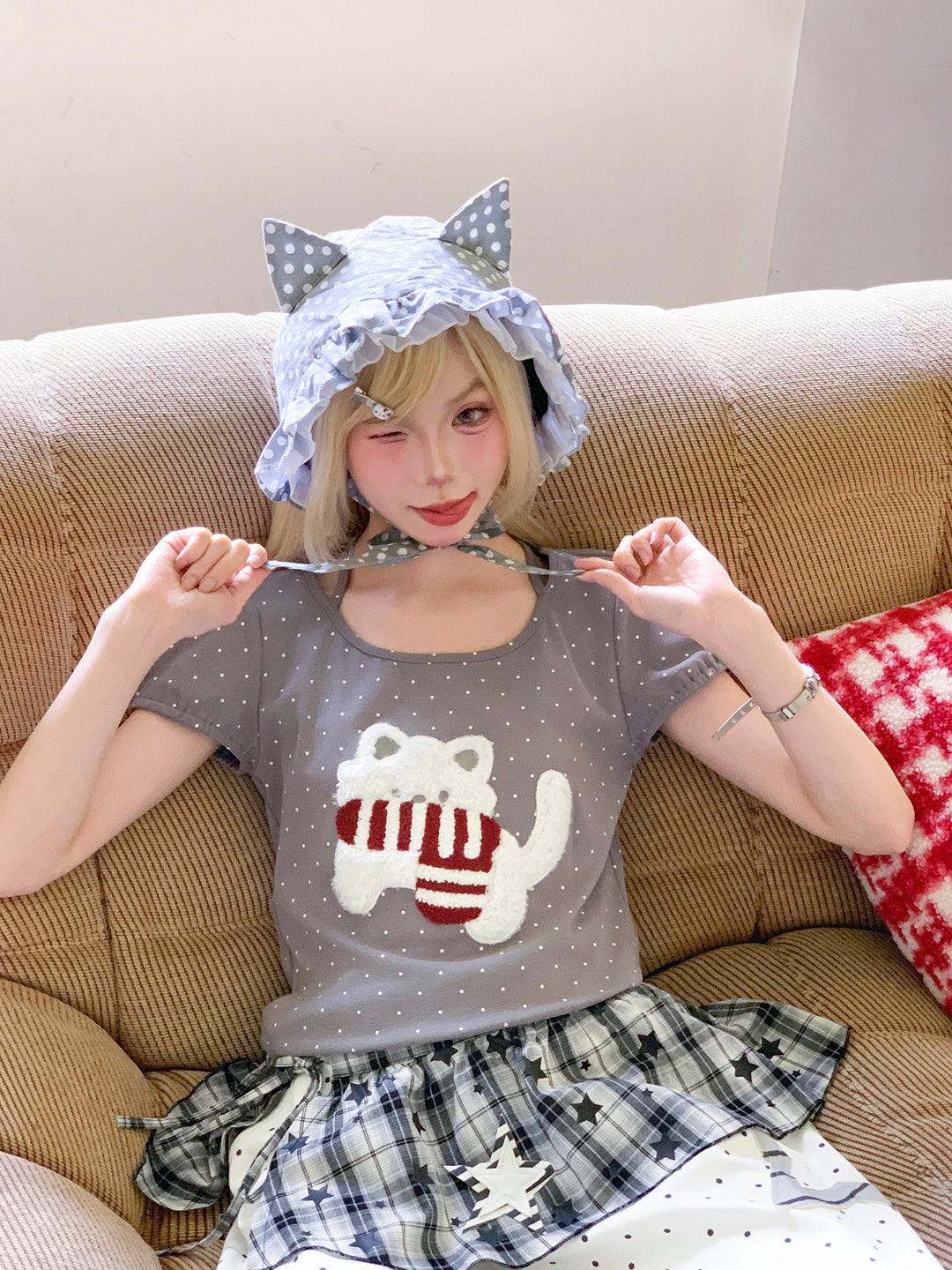 Polka Dot Kitten Halter Tee-Tops-ntbhshop
