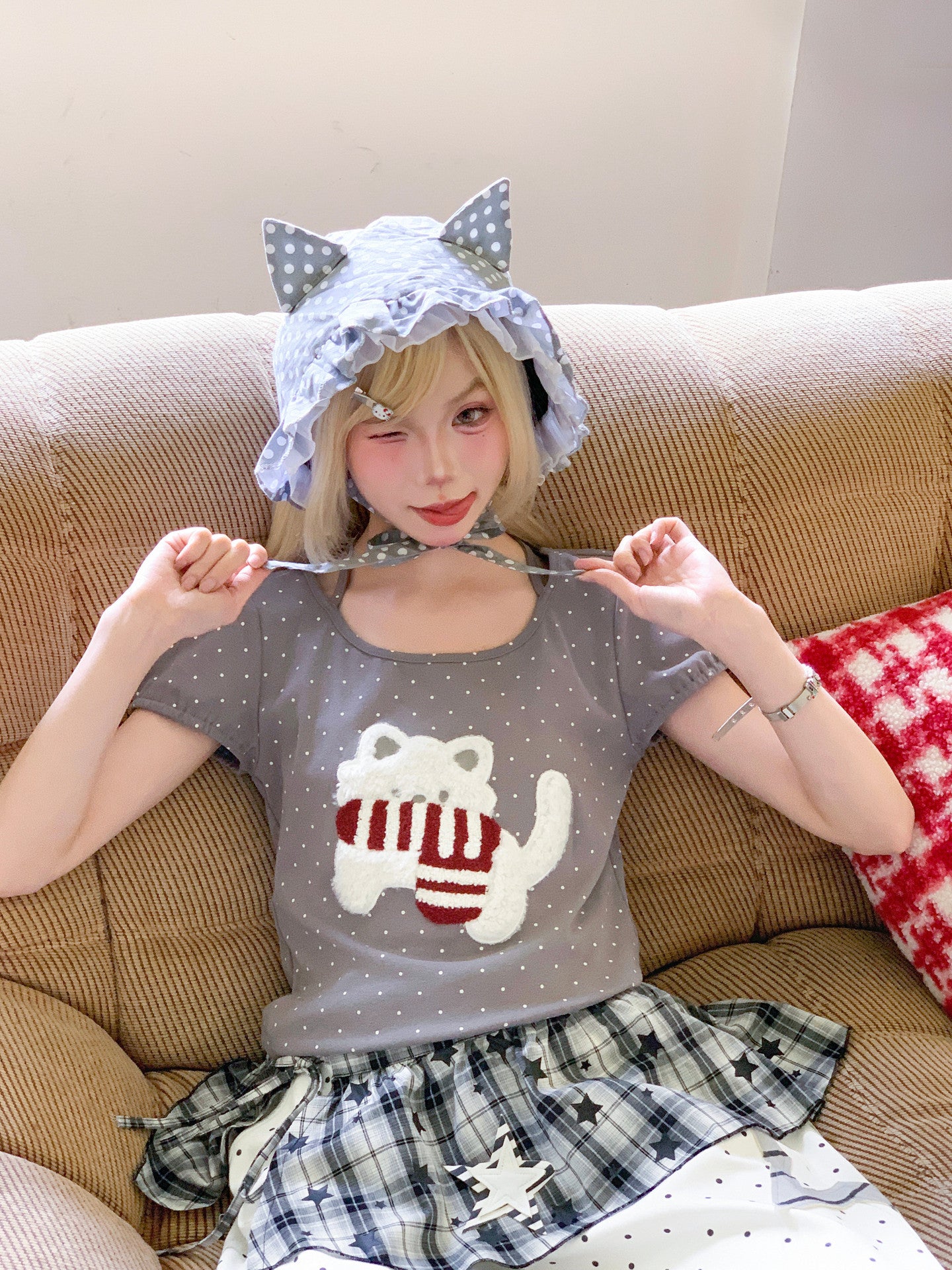 Polka Dot Kitten Halter Tee-Tops-ntbhshop