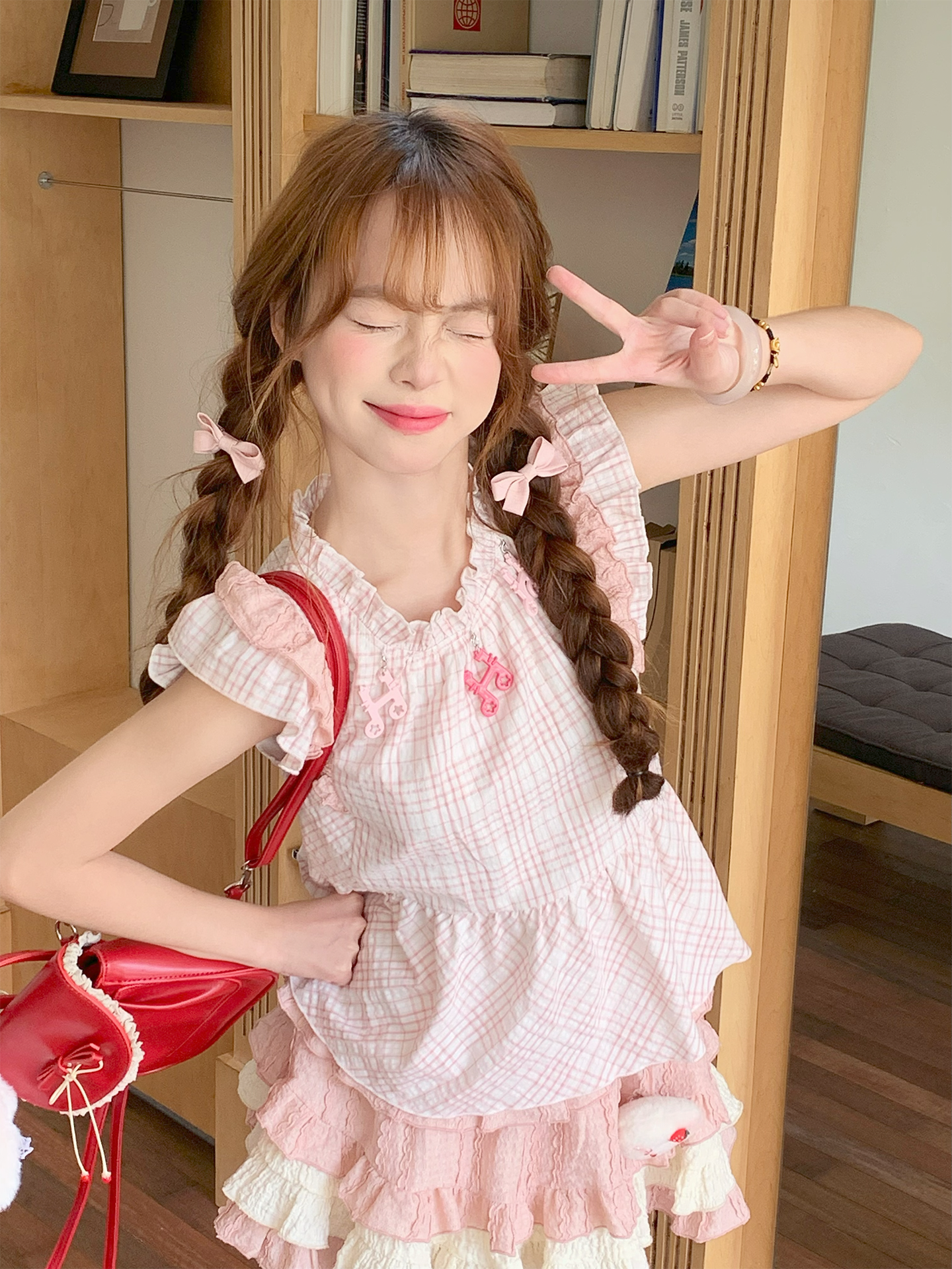 Peach Bubble Fairy Sleeve Plaid Top & Layer Cake Skirt-ntbhshop