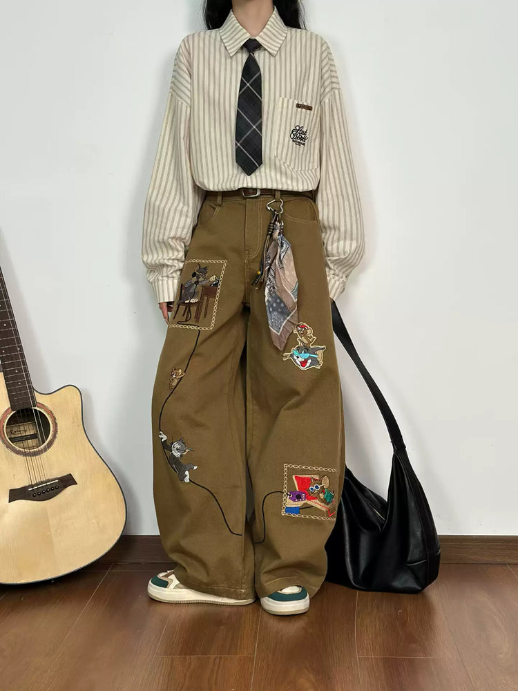 Library Cat Story Wide Leg Pants-Bottoms-ntbhshop