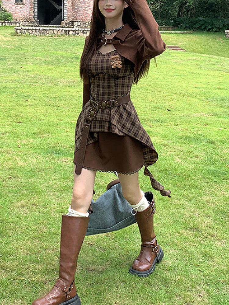 Cappuccino Crop Jacket & Plaid Dress-ntbhshop