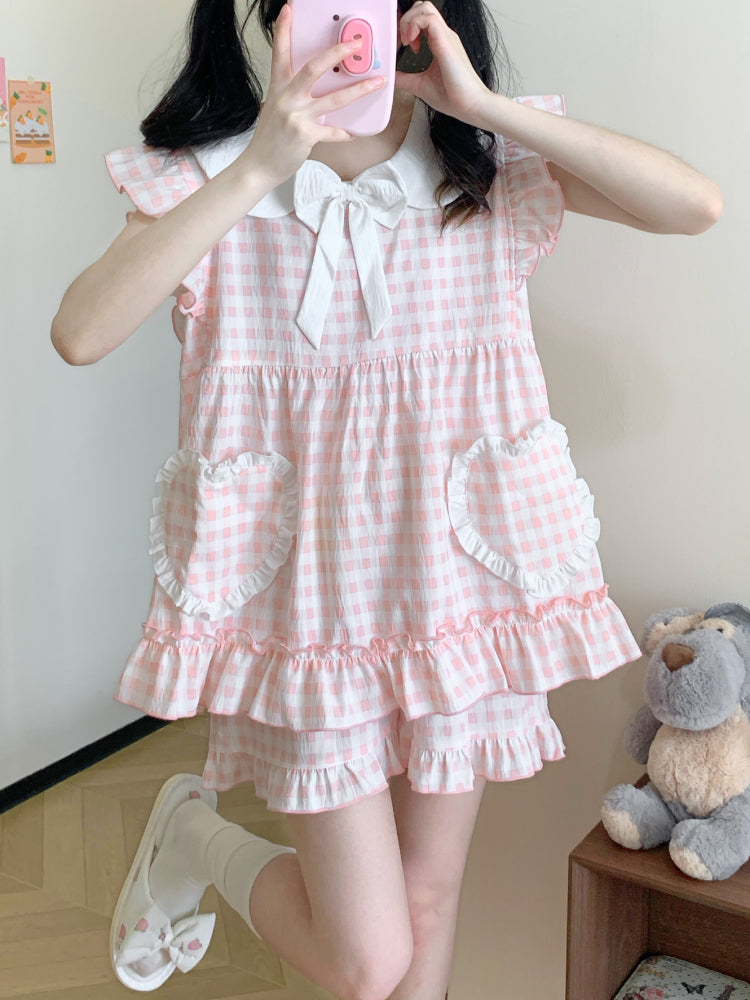 Peachy Gingham Night Fairy Sleeve Pajamas Set-ntbhshop