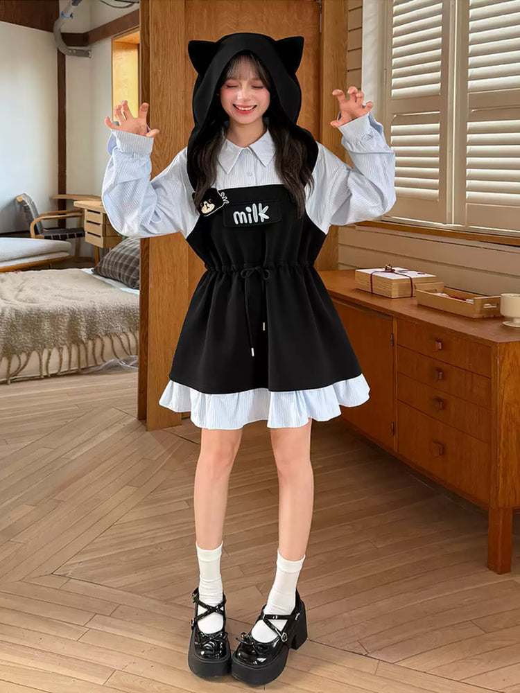 Milk Cat Hooded Shirt Dress-Dresses-ntbhshop