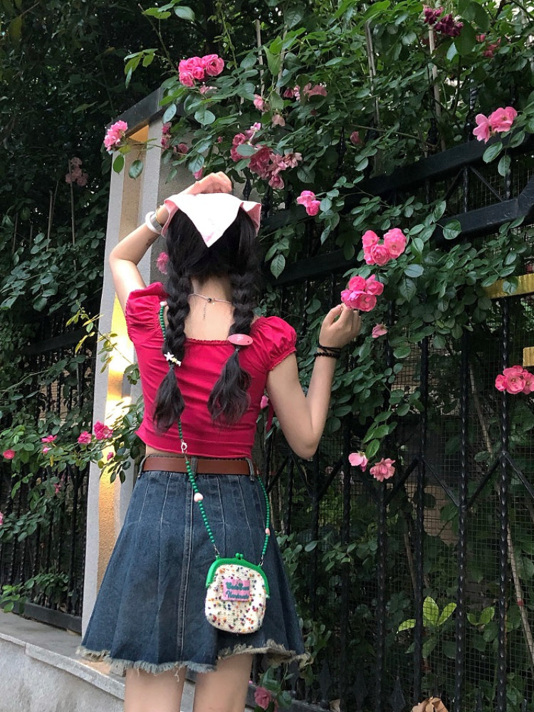 Sweet Dopamine Puff Sleeve Cherry Bow Crop Tops-ntbhshop