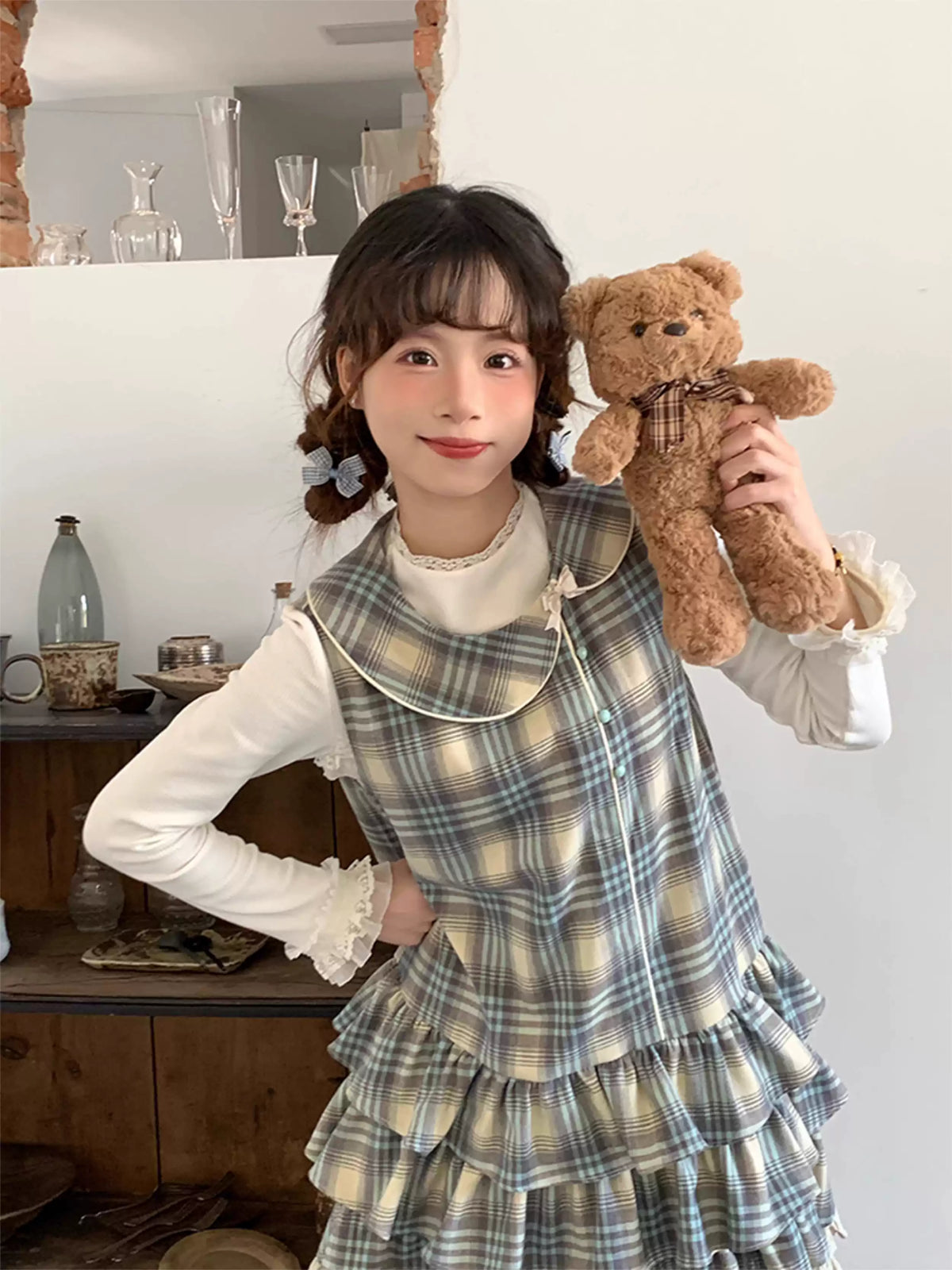 Butter Bloom Base Top & Check Cake Dress-Sets-ntbhshop