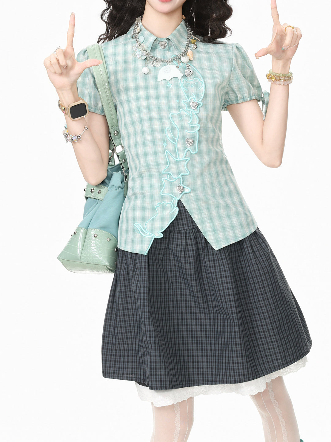 Minty Kitty Babydoll Blouse-Tops-ntbhshop
