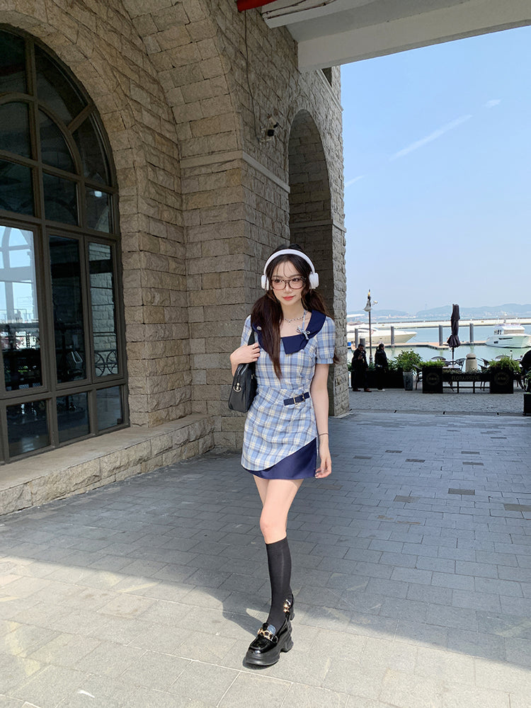 Navy Daydream Retro Plaid Dresses-ntbhshop