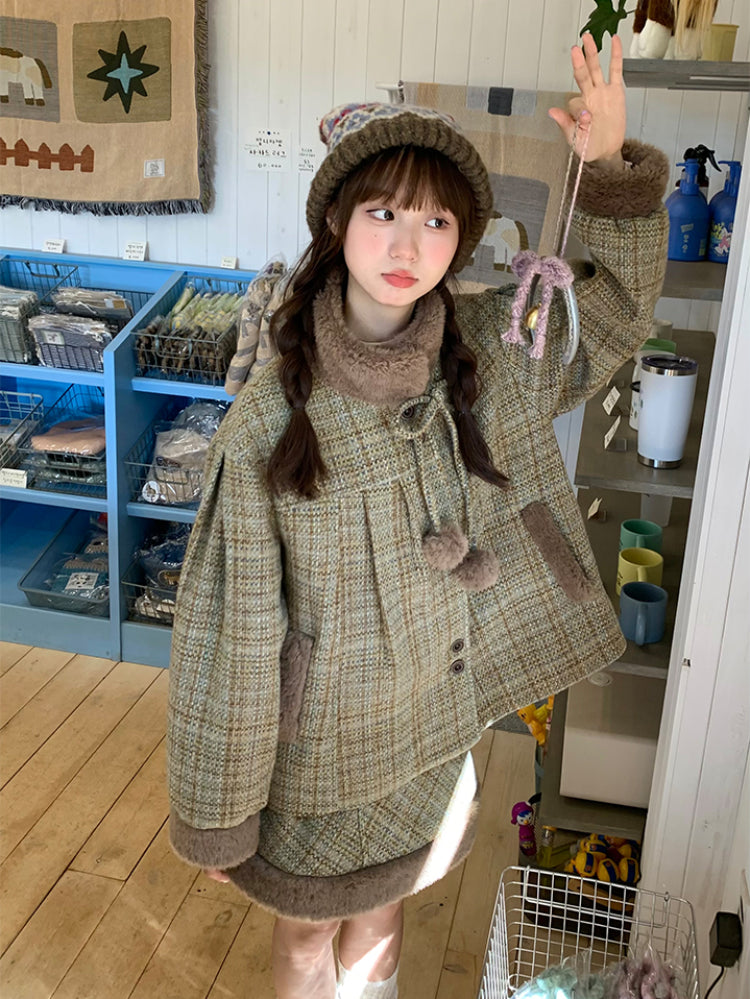 Tweed Teddy Pompom Coat & Skirt-ntbhshop