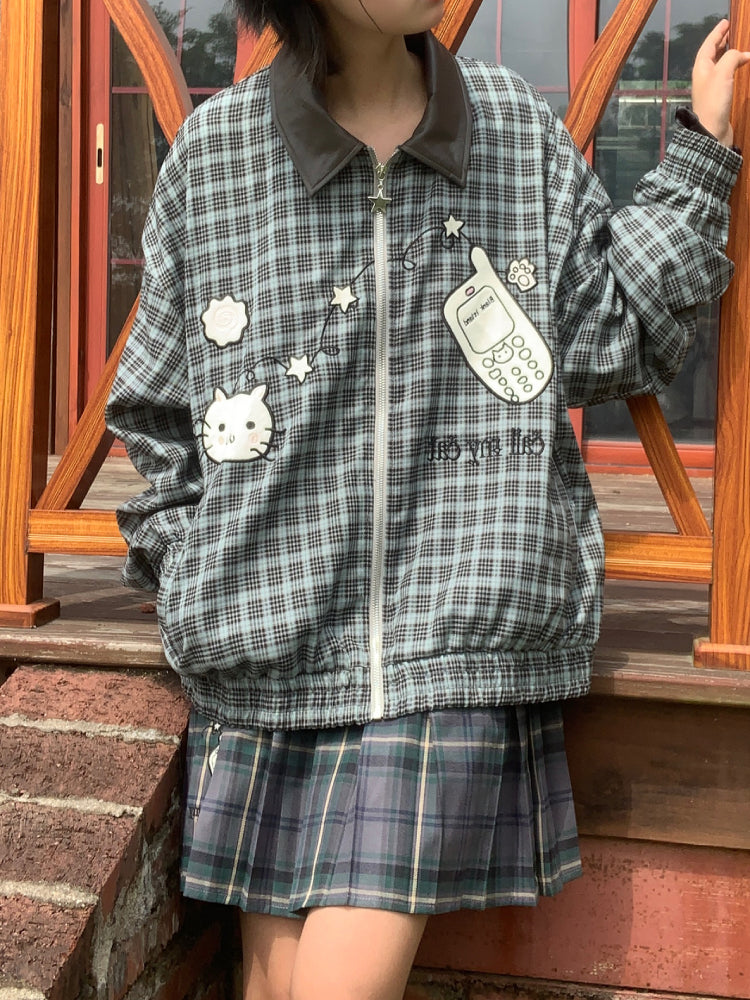 Call My Cat Leather Collar Plaid Jacket-ntbhshop